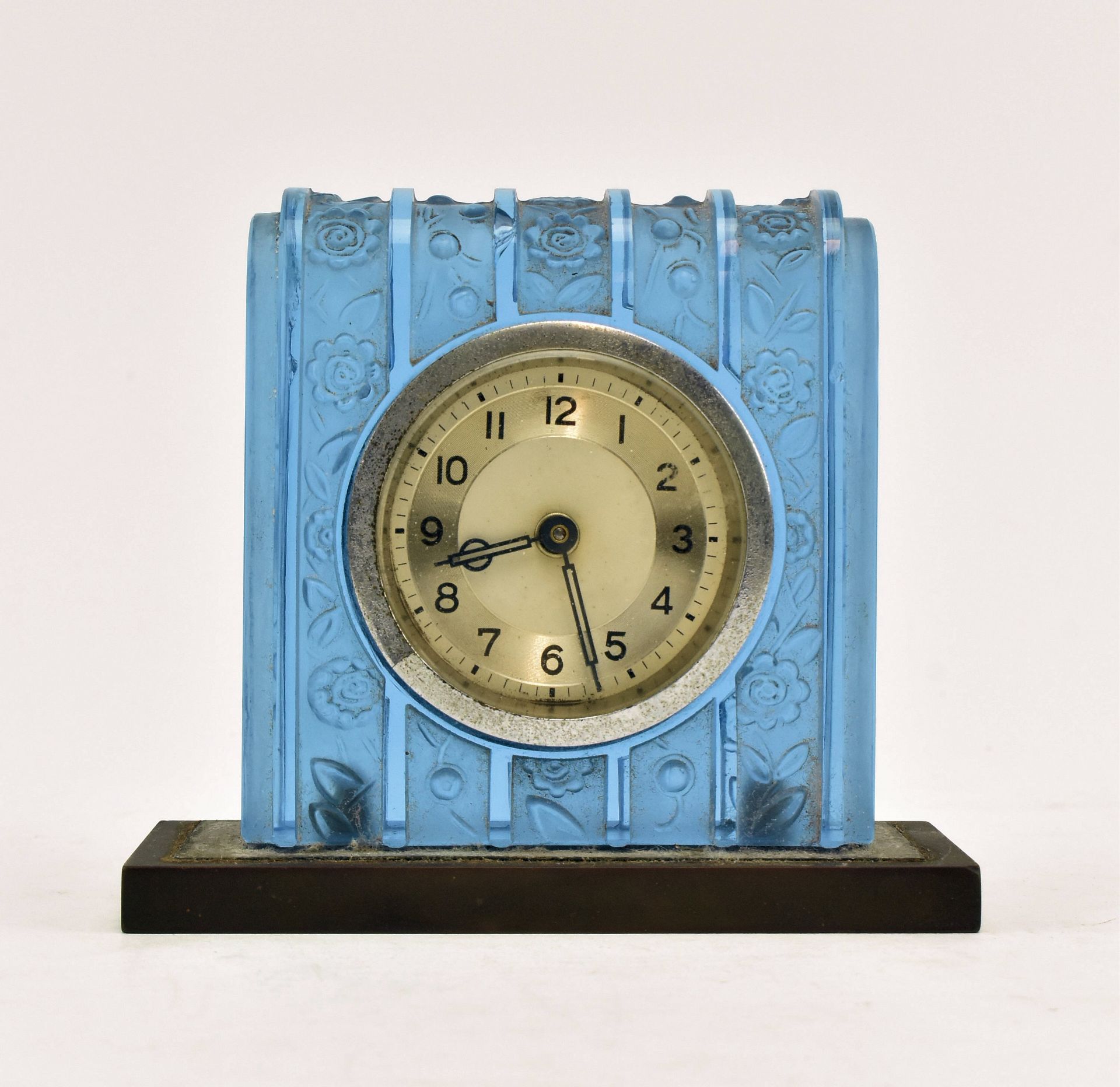 FRENCH ART DECO BLUE FROSTED GLASS BEDSIDE CLOCK