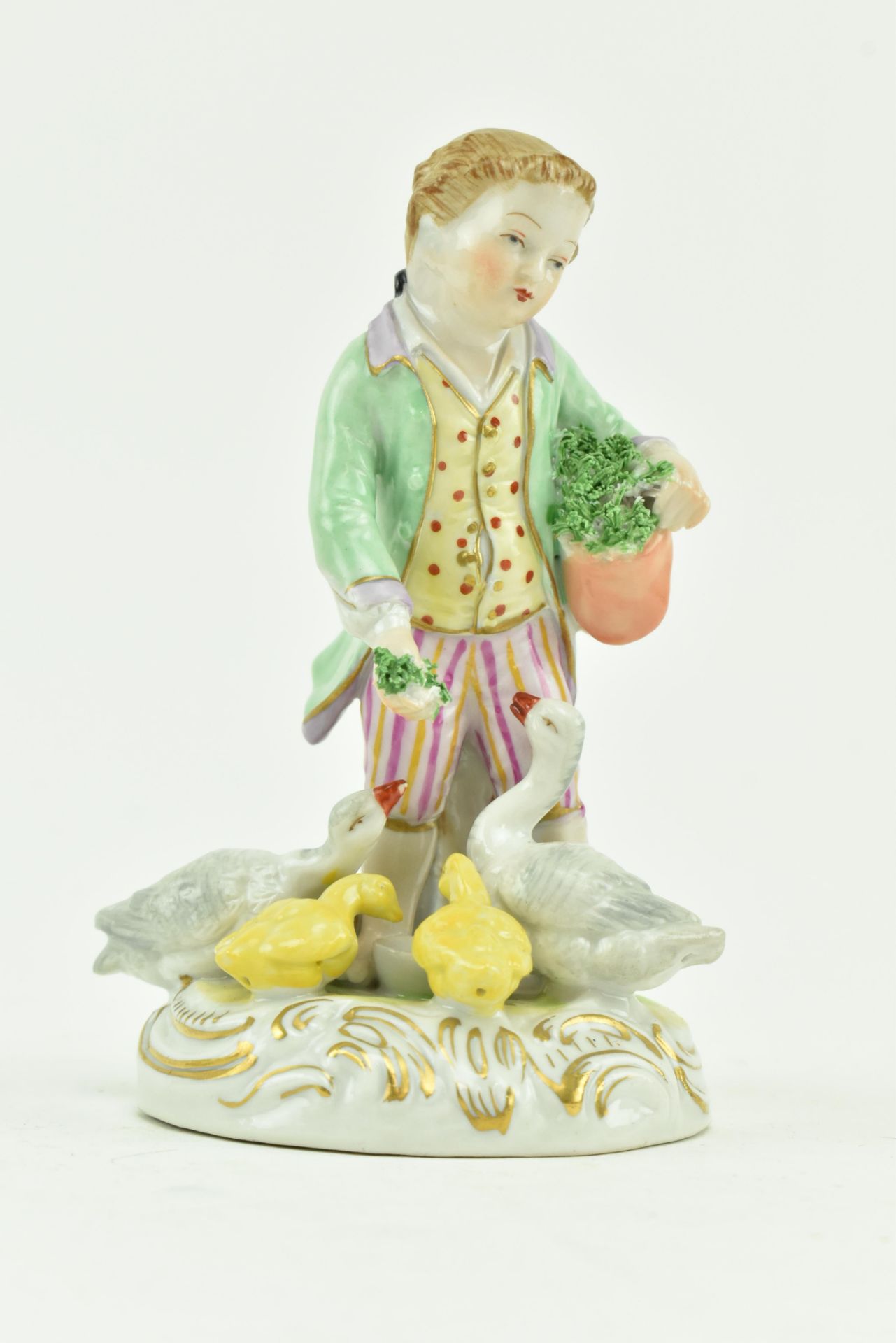 PAIR OF DRESDEN FIGURINES OF BOY & GIRL FEEDING CHICKENS - Bild 2 aus 8