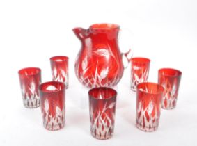 MID CENTURY BOHEMIAN RUBY RED CUT GLASS DRINKING SET
