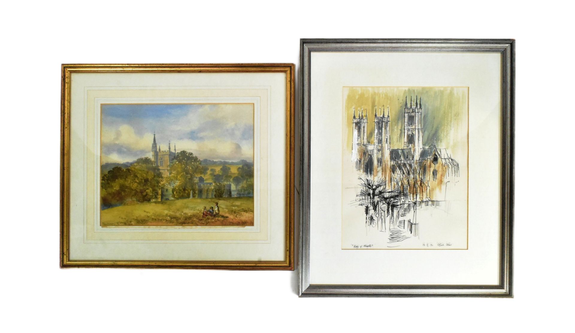 TWO PAINTINGS DEPICTING ENGLISH CHURCH LANDSCAPES