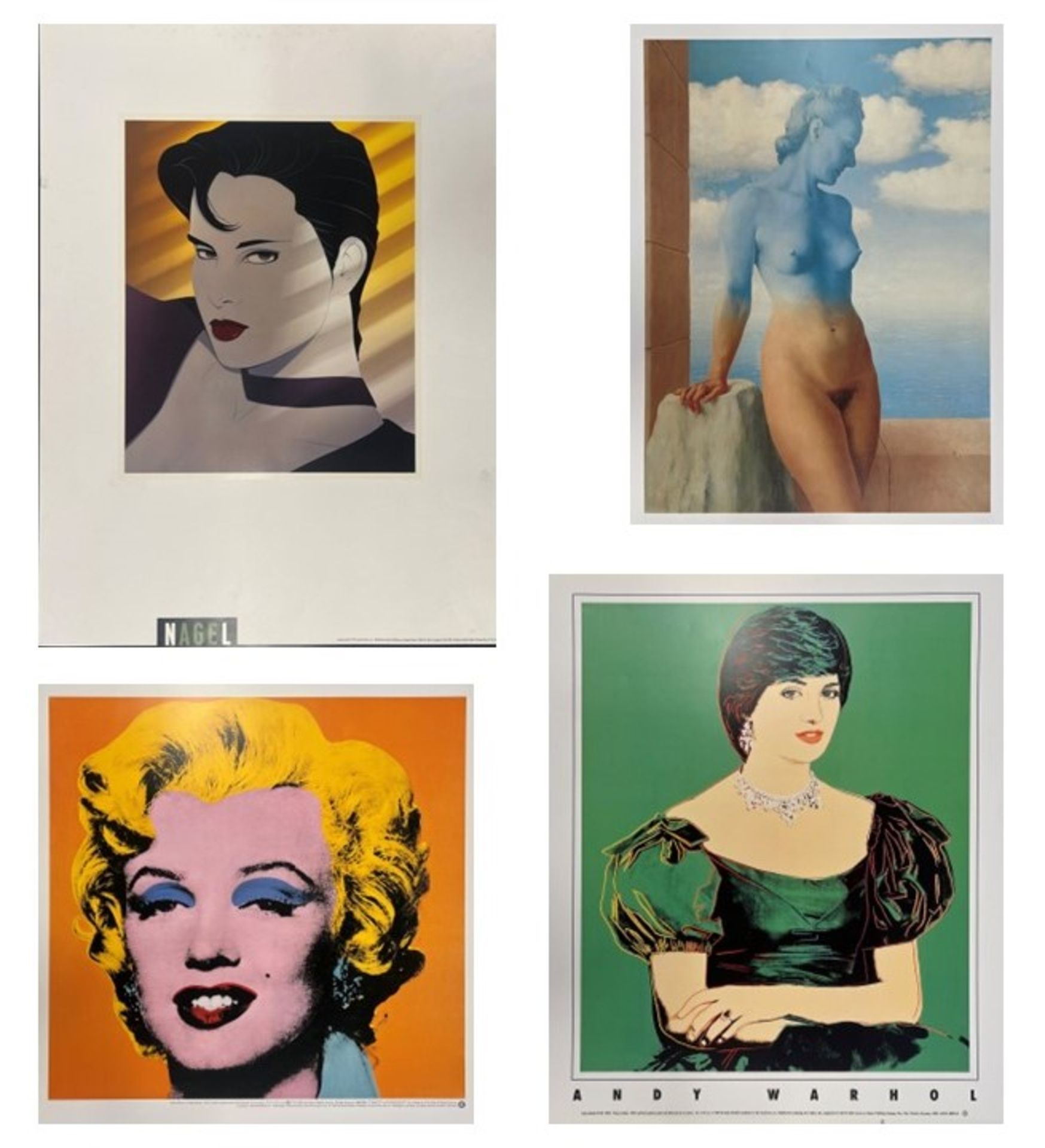 FOUR ASSORTED VINTAGE POSTERS - ANDY WARHOL/MAGRITTE/NAGEL