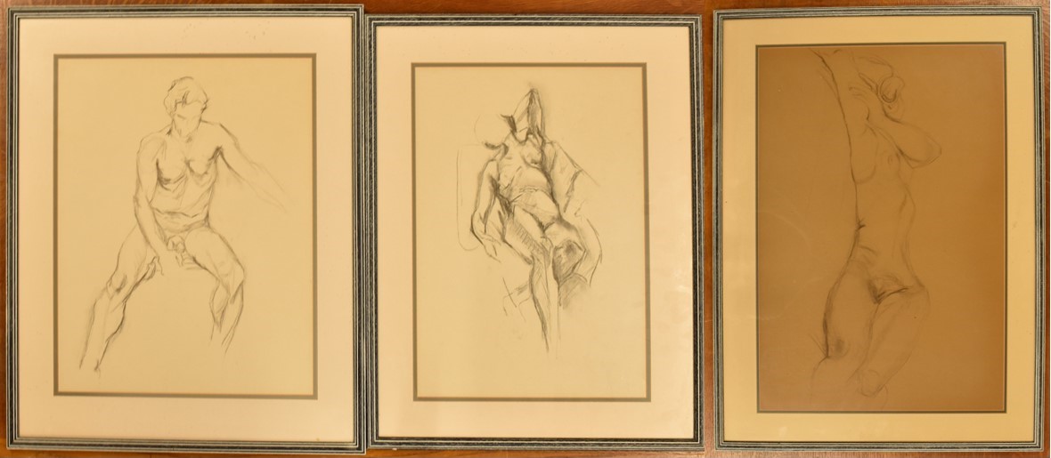 THREE 20TH CENTURY CHARCOAL ON PAPER NUDE LIFE DRAWINGS
