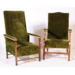 TWO EARLY 20TH CENTURY OAK & VELOUR ARMCHAIRS