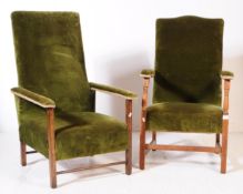 TWO EARLY 20TH CENTURY OAK & VELOUR ARMCHAIRS