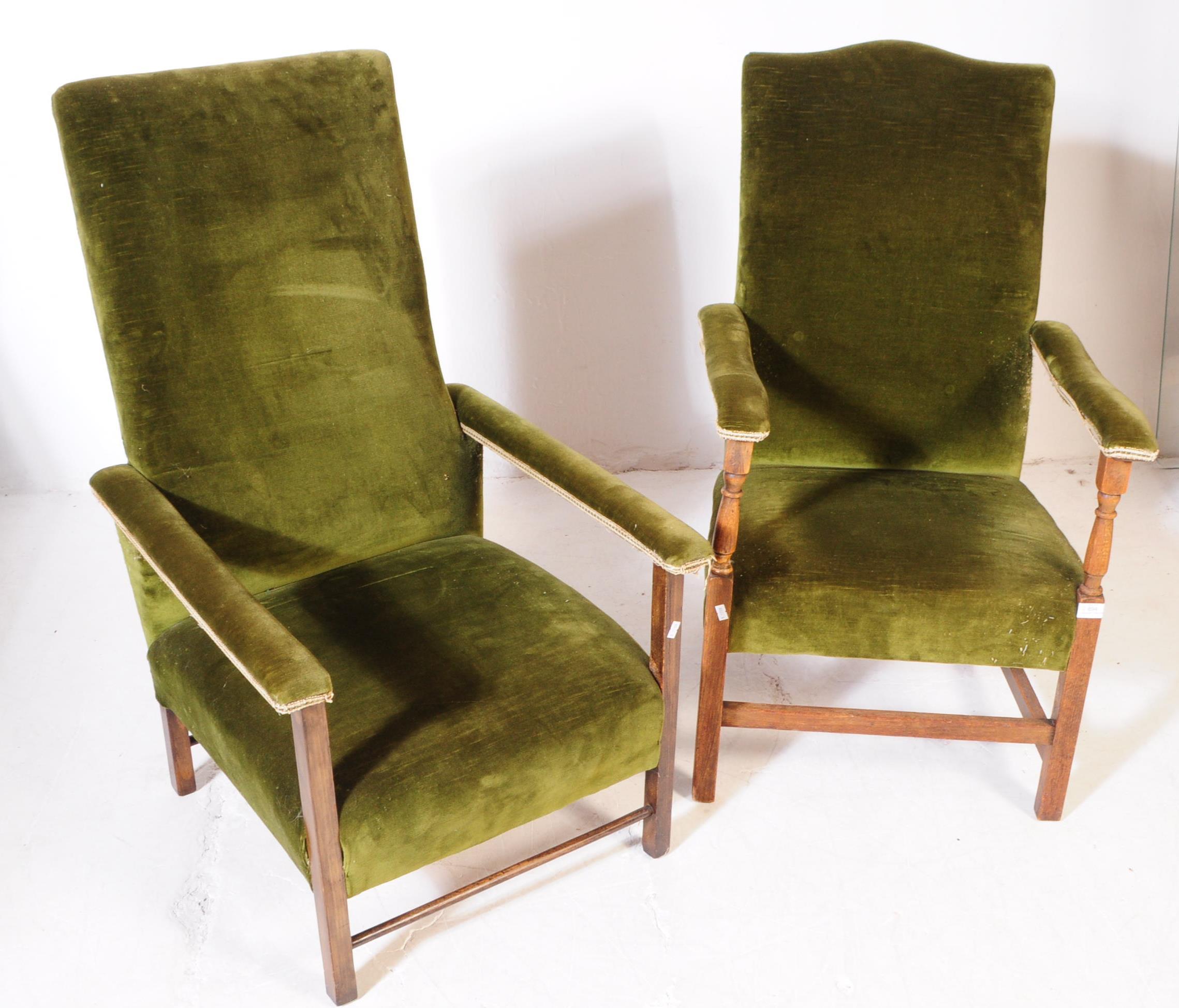 TWO EARLY 20TH CENTURY OAK & VELOUR ARMCHAIRS - Image 2 of 8