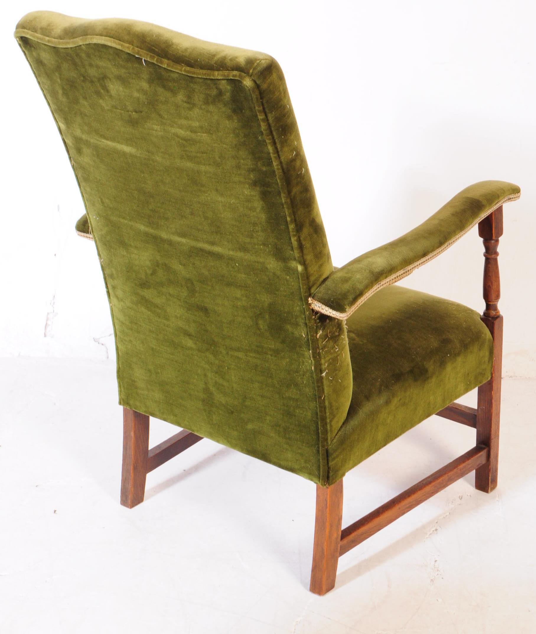 TWO EARLY 20TH CENTURY OAK & VELOUR ARMCHAIRS - Image 6 of 8