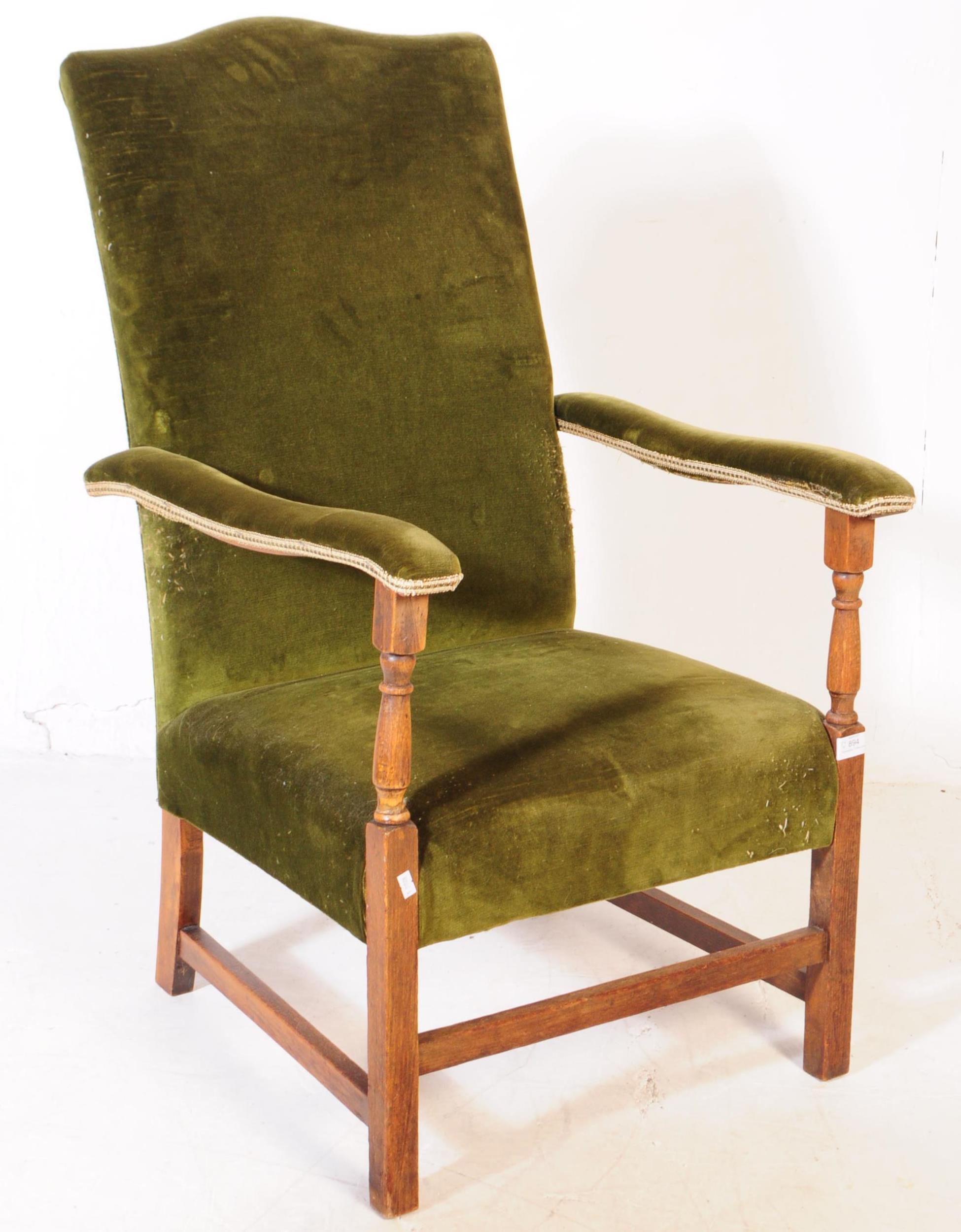 TWO EARLY 20TH CENTURY OAK & VELOUR ARMCHAIRS - Image 3 of 8