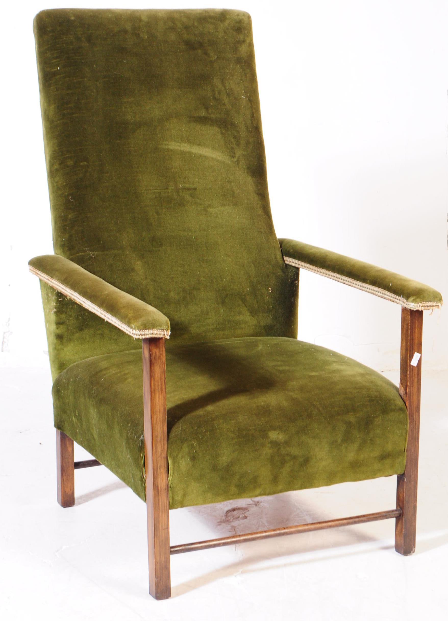 TWO EARLY 20TH CENTURY OAK & VELOUR ARMCHAIRS - Image 7 of 8