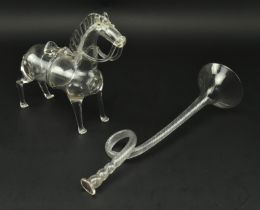 LATE 19TH CENTURY HAND BLOWN GLASS HORSE DECANTER T/W OTHER