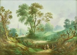 EARLY 19TH CENTURY FRAMED PORCELAIN PLAQUE OF FOREST SCENE