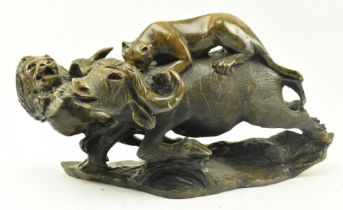 SOUTH AFRICAN CARVED SOAPSTONE LIONS SLAYING BUFFALO STATUE