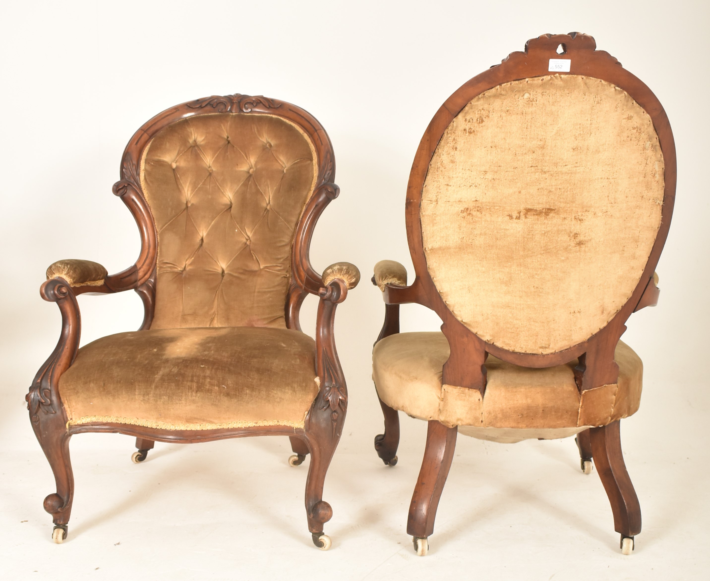 PAIR OF VICTORIAN MAHOGANY & VELVET BUTTON BACK ARMCHAIRS - Image 4 of 7