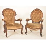 PAIR OF VICTORIAN MAHOGANY & VELVET BUTTON BACK ARMCHAIRS