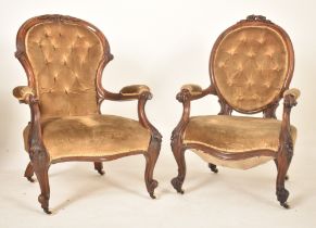 PAIR OF VICTORIAN MAHOGANY & VELVET BUTTON BACK ARMCHAIRS