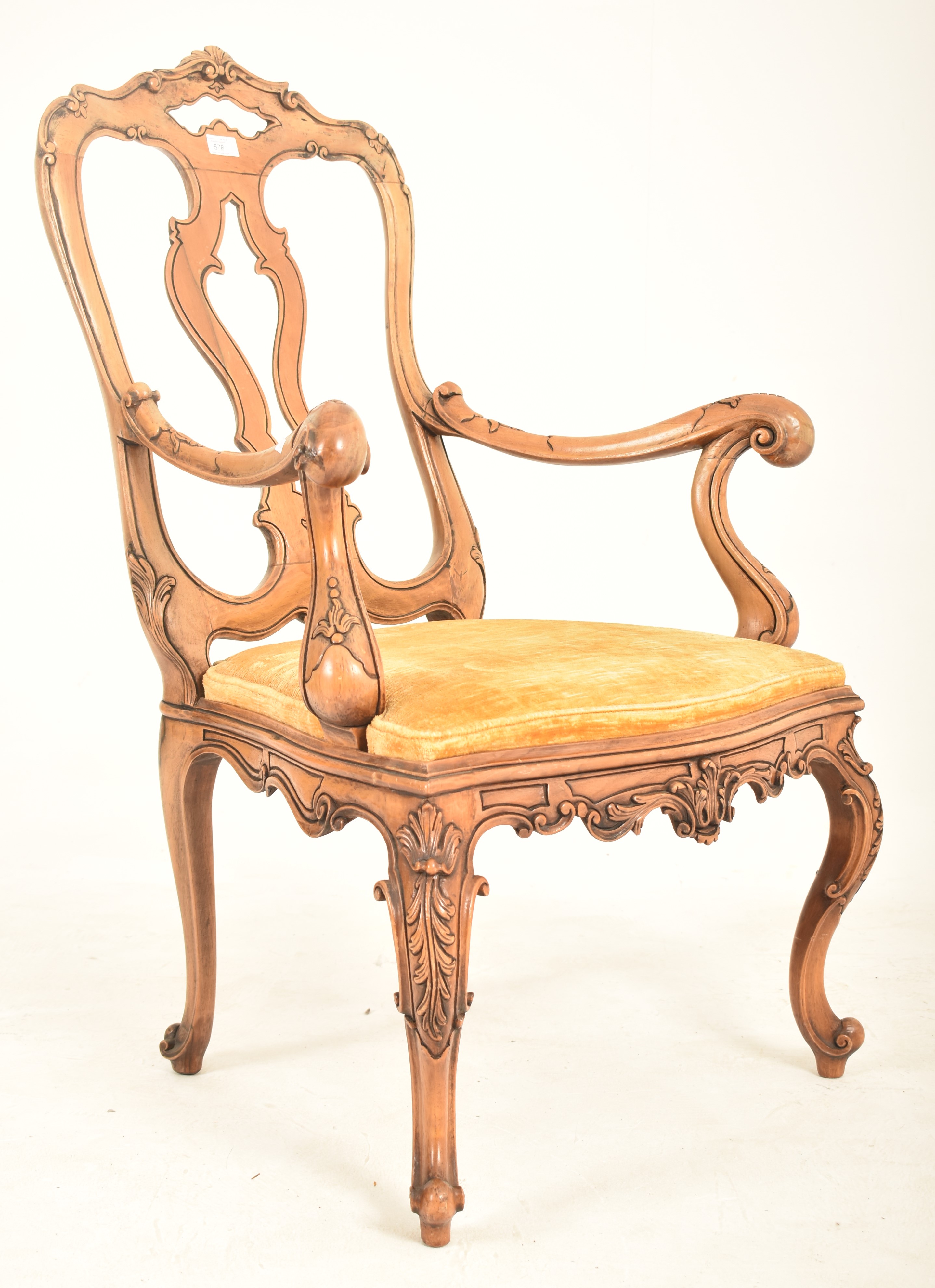 VENETIAN 18TH CENTURY STYLE CARVED WALNUT ARMCHAIR