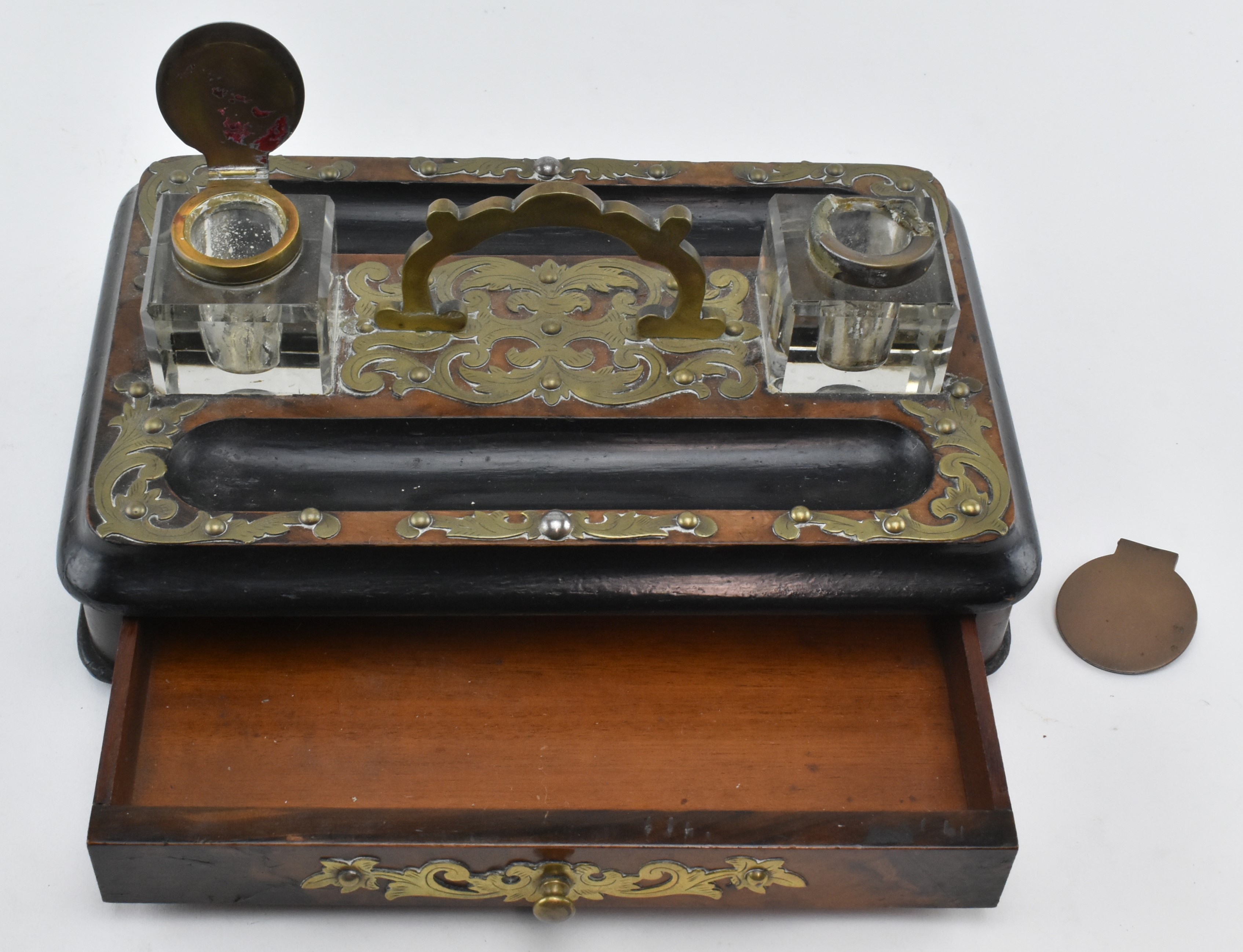 VICTORIAN EBONISED & BURR WALNUT BRASS INLAID DESK TIDY - Image 4 of 7