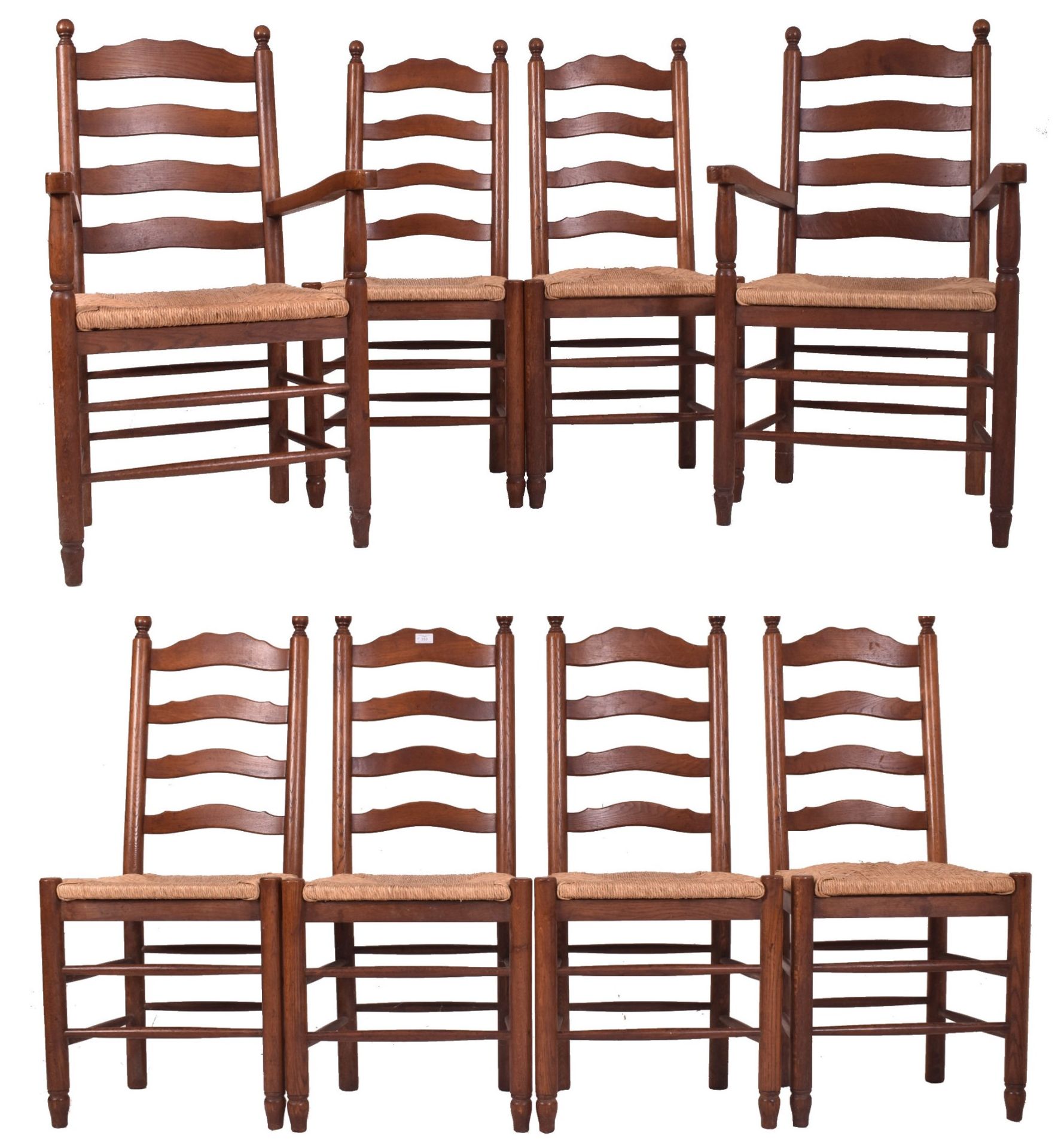 SET OF EIGHT OAK & RUSH SEATED NORTH COUNTRY DINING CHAIRS