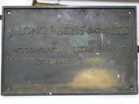 A bronze plaque sign "J Long & Sons (Bath) Ltd, Woodworking Establishment, Locksbrook Wharf", 31 x