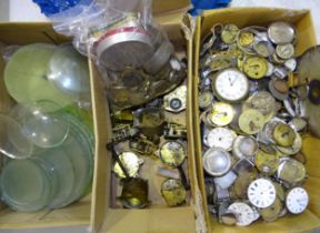 A quantity of watch parts, clock parts, replacement dial glasses and other items.