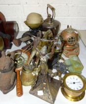 A collection of vintage weighing scales, a model of a diver's helmet and other metal ware and