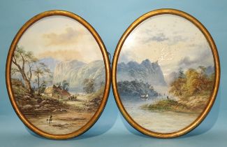 Edwin Earp (1851-1945), a pair of Continental lake and mountain scenes, framed oval, 55 x 45cm, (