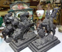 A painted spelter Marly horse, two spelter models of knights, a printed porcelain chimney clock, (