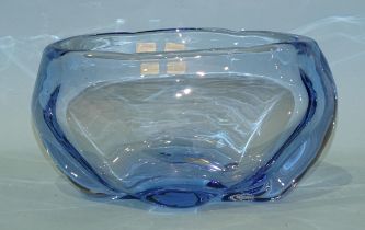 A Whitefriars heavy blue glass bowl designed by James Hogan, pattern no.9250, 27cm wide, 15cm high.