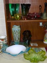 A collection of modern art glass vases and an opalescent green glass vase, 30cm high.