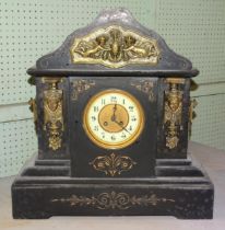 A large metal-mounted slate/marble mantel clock of architectural form, 50cm high, another with two-