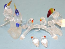 Swarovski, three boxed bird figures, "Toucan", "Malachite Kingfishers" and "Love Birds", (two