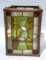 A square-form leaded-light hanging lantern shade, (one small clear glass panel lacking), 29cm