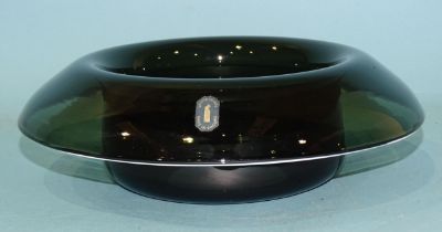 A Whitefriars shadow green circular glass bowl with down-turned white enamel rim, pattern 9636, with