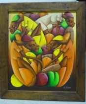 Jean B Louisius (Haitian b.1952), "Market Place", signed oil on canvas, 58 x 50cm.