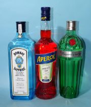 Bombay Sapphire Gin (x1) 40% 1L, Tanqueray No.10 (x1) 47.3% 70cl and Aperol (x1) 11% 70cl, (3).