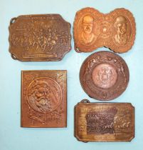 Five brass Tiffany-style belt buckles with impressed "Tiffany" marks and stamped "A J Nash": Wells