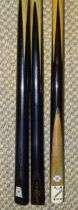 A collection of three snooker cues: a Riley Trapezium badge handmade cue, 17oz, 57½'', a Thurston'