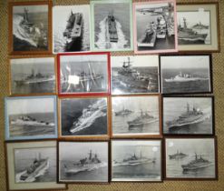 Sixteen framed black and white photographs of naval ships, and one unframed.