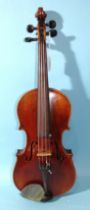 An early-20th century full-size violin with two-piece back, with two bows, in case.