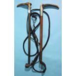 Two early-20th century hunting whips with antler handles and plaited leather lashes, (2).
