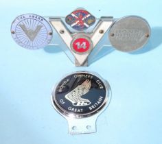 A "Honda Riders Club" alloy disc badge, The Award for Safer Cycling enamelled badge and others