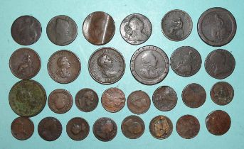 A collection of various copper coinage: four Charles II farthings 1672/3/4 and rubbed date,