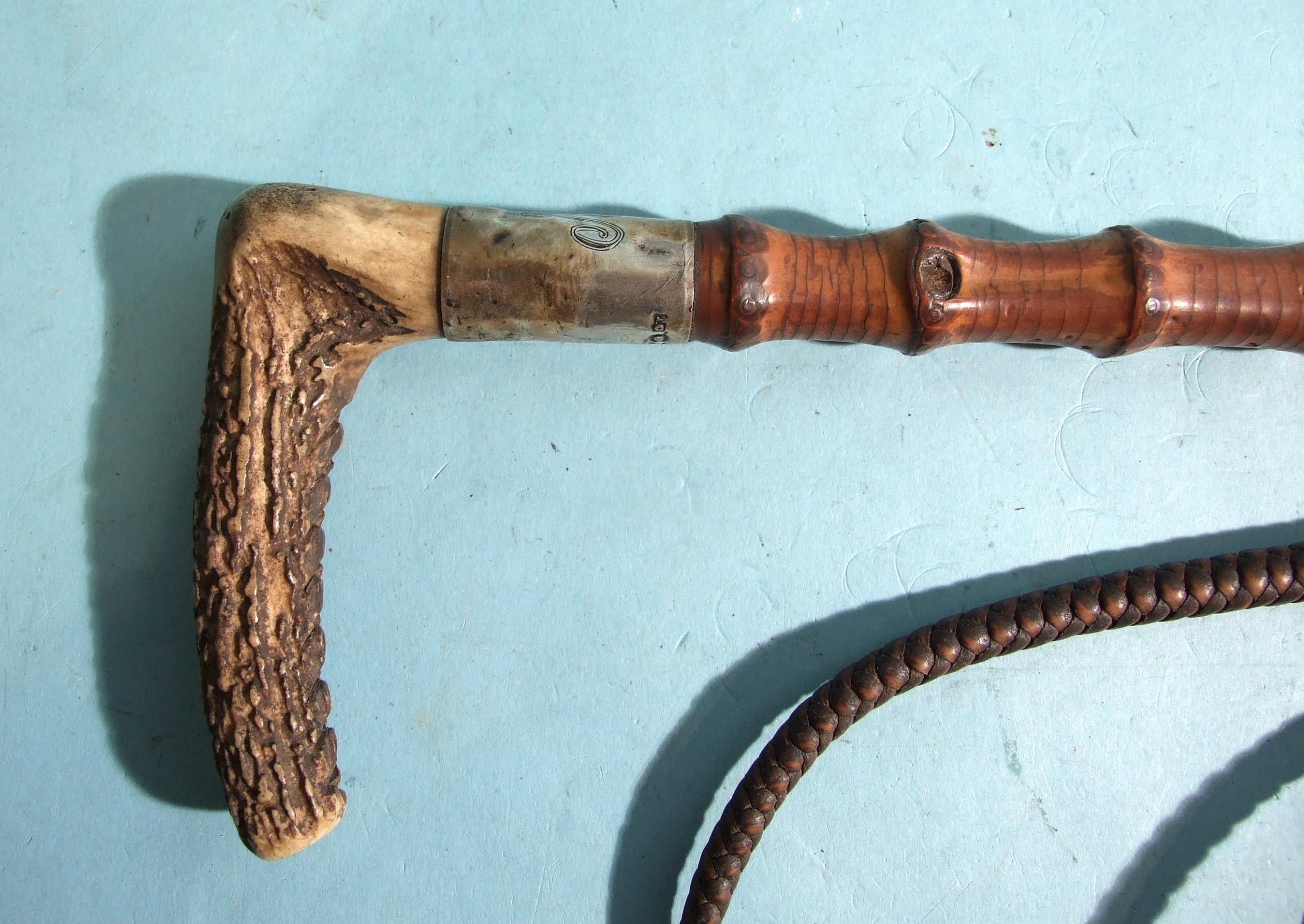 A flexible bamboo hunting whip with antler handle, silver collar and plaited lash, shaft 69cm, - Bild 2 aus 3