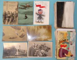 Approximately 165 postcards: humour, WWI including destruction of zeppelins (x7), Bairnsfather,