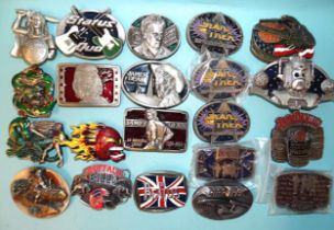 Twenty-one pewter buckles, some limited editions: James Dean, Beatles, Marilyn Monroe, Star Trek,