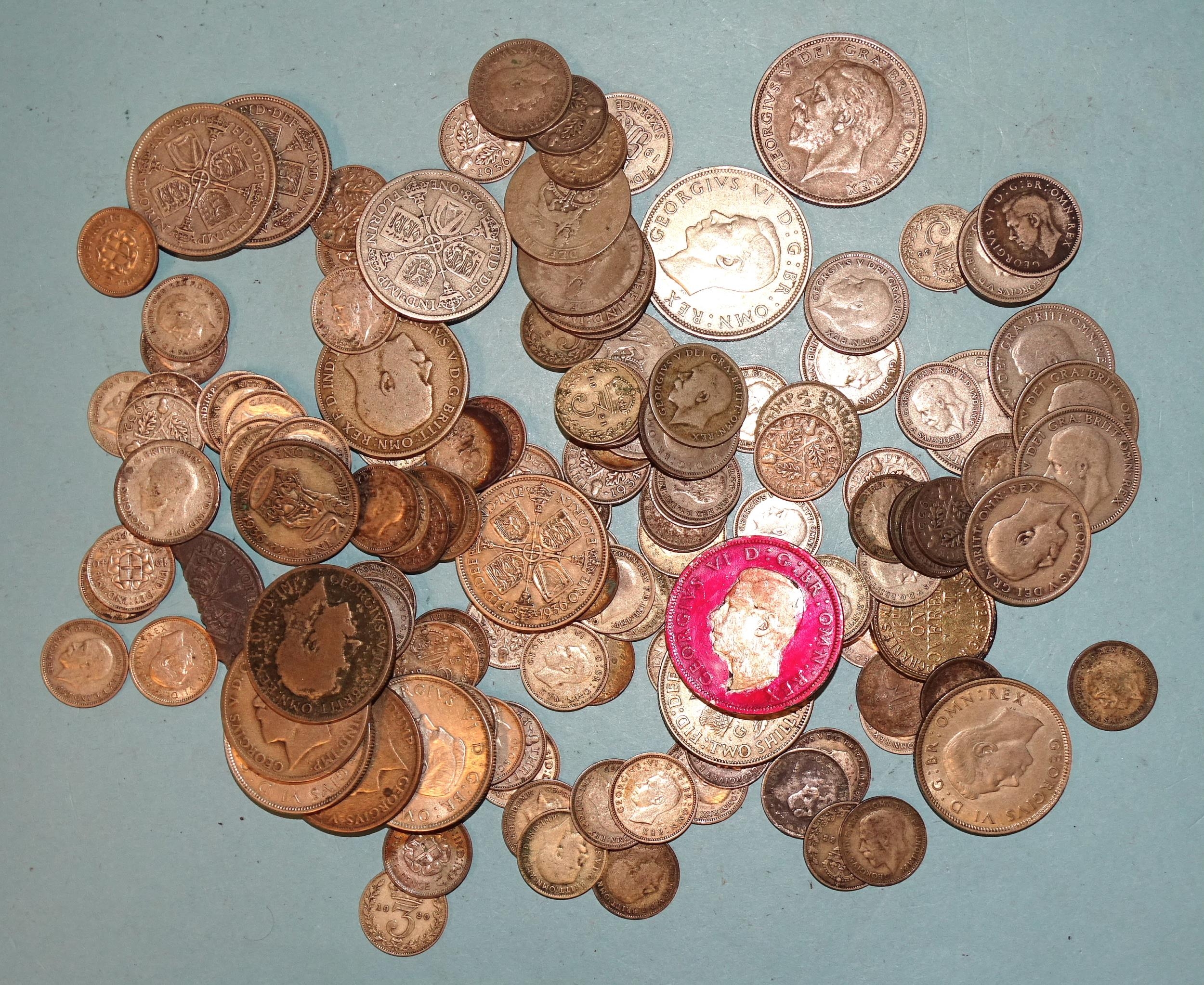 A collection of 1920-1946 British silver coinage, including half-crown x3, florin x12, shilling