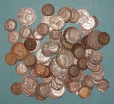 A collection of George V pre-1919 silver coinage, 84 x 3d, 10 x 6d, 10 x 1/-, 195g (6.2oz).