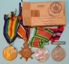 A WWI pair, 1914-15 Star and Victory Medal awarded to 15-450 Pte H H Hewitt W York. Regt and two