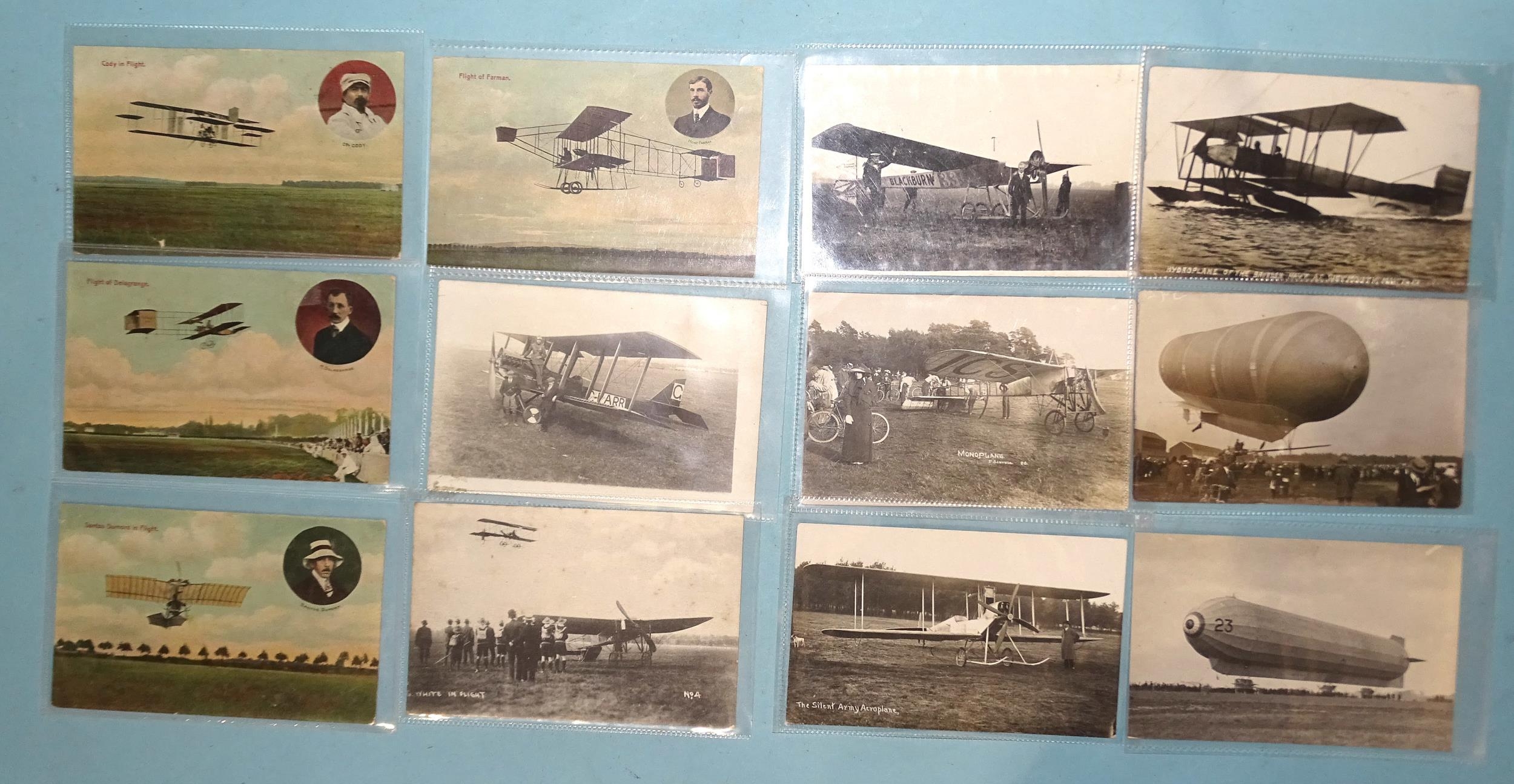 Twenty-three early aviation postcards: RFC (x2), AFC, pilots (x6), airships (x3), planes (x10) and a