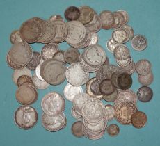 A collection of Victorian silver coinage: 1 x 1½d, 35 x 3d, 7 x 4d, 14 x 6d, 25 x 1/-, 231g (7.4oz).