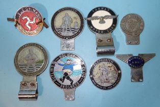 Eight topographical car badges, including "North Cornwall Motor Club", "Plymouth & District Aero